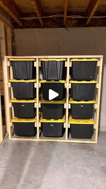 Sarah Belle | DIY & Home on Instagram: "Basement Storage Transformation ✨  Thanks to the amazing build plans from @declassified_woodworks I whipped up this affordable and customizable storage solution using 27-gallon totes.   My basement was in dire need of organization after becoming a “catch-all” during the move, and this DIY Project totally saved the day!   Head over to my highlight for a glimpse into the build process and more DIY storage ideas!  #diystorage #totestorage #diy #organization #homeimprovement #27gallontotes #budgetfriendly #customstorage" 27 Gallon Tote Storage Shelf Diy Free, 27 Gallon Tote Storage Shelf Diy, Tote Storage Shelves Diy, Storage Container Ideas, 27 Gallon Tote Storage, Tub Storage, Basement Storage Ideas, Diy Storage Ideas, Customizable Storage