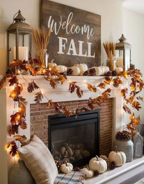 Small House Fall Decorating, Fall Decor Mantle Ideas, Fall Decor Rustic, Fall Ledge Decor, Fall Season Decorations, Fall Decor For Built In Shelves, Autumn Fireplace Decor Ideas, Fall Decorations Apartment, Indoor Autumn Decor Ideas