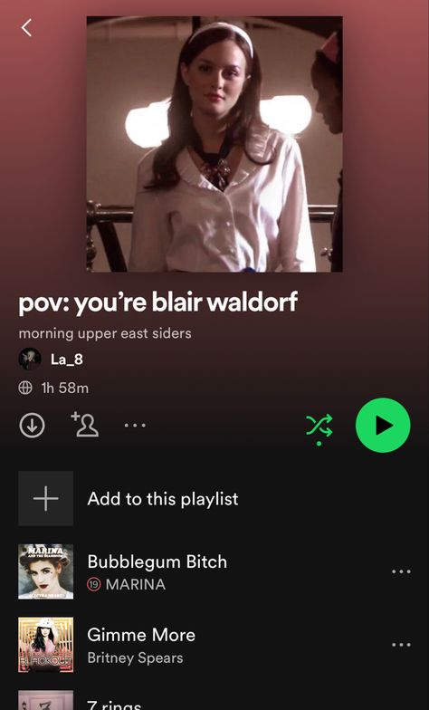 Blair Waldorf Playlist, Playlists Ideas, Spotify Playlist Names, Spotify Ideas, Oddly Specific, Playlist Names, Therapy Playlist, Xoxo Gossip, Playlist Ideas