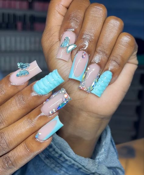 Aqua Blue Nails Acrylic, Aqua Blue Nails, Blue Nails Acrylic, Turquoise Acrylic Nails, Gem Nail Designs, Aqua Nails, Cute Short Nails, Duck Nails, Blue Acrylic Nails