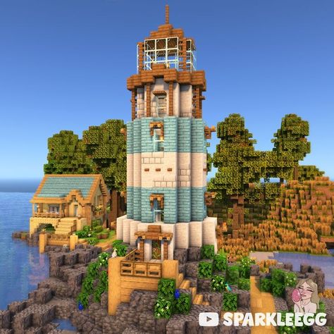 {Minecraft} Cute Little Lighthouse ✨ Minecraft Quartz Build Ideas, Minecraft Connected Houses, Minecraft Survival Beach House, Mini Tower Minecraft, Aesthetic Village Minecraft, Minecraft Town Modern, Lighthouse In Minecraft, Minecraft Lighthouse Design, Sand Minecraft Builds