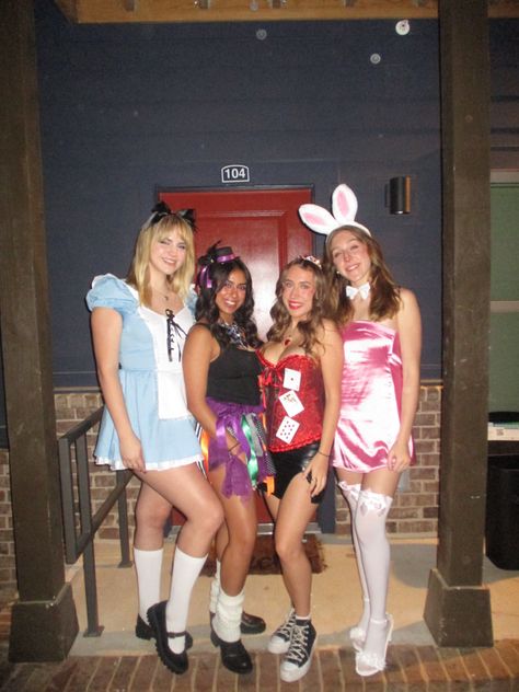 #halloweencostume#halloween#aliceandwonderland Four Girls Halloween Costume, Cute Girl Group Halloween Costumes, Hot Group Costumes, Group Girl Halloween Costumes, Hot Group Halloween Costumes, Girl Group Halloween Costumes, Girl Group Costumes, Alice And Wonderland, Girl Group Costume