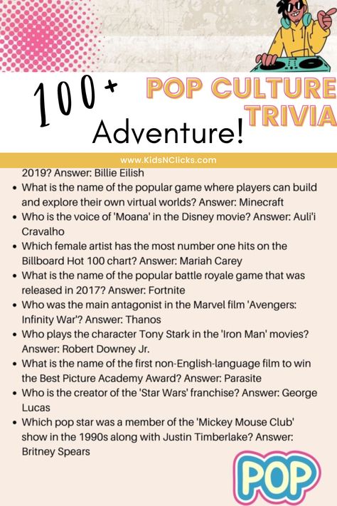 Click through to the blog for this 100+ pop culture trivia adventure! These 100+ questions include pop culture trivia questions for kids as well as pop culture trivia questions for adults (and all ages in between!). From music to iconic TV shows, this trivia quiz covers it all. Have fun during family night or family parties with this pop trivia game! All the details inside. Trivia Games For Adults, Trivia Questions For Adults, Iconic Tv Shows, Trivia Questions For Kids, Classroom Assistant, Challenging Questions, Pop Culture Trivia, Questions For Kids, Teachers Resources