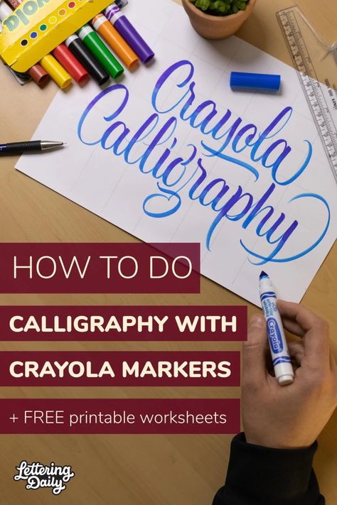 Calligraphy With Crayola Markers, Crayola Calligraphy, Calligraphy Worksheets, How To Do Calligraphy, Hand Lettering For Beginners, Learn Hand Lettering, Calligraphy Lessons, Crayola Markers, Calligraphy Tutorial