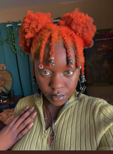 Orange Dreads Black Women, Black Woman Orange Hair, Orange Afro Hair, Neon Orange Hair, Orange Dreads, Dreads Black Women, Natural Haircut Styles, Hair References, Squirrel Girl