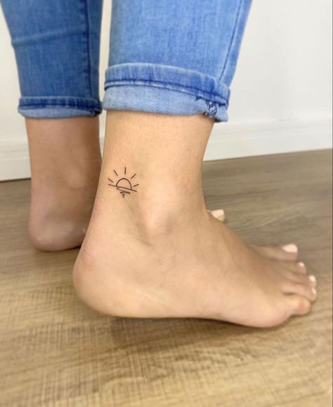 Rising Sun Tattoos Small, Tiny Sun Tattoo Wrist, Sun Tattoo Small Ankle, Sunshine Ankle Tattoo, Small Inner Ankle Tattoos For Women, Sun Ankle Tattoo Small, Small Sun Tattoos For Women, Ankle Sun Tattoo, Dainty Ankle Tattoos For Women