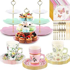 Layhit 83 Pcs Tea Party Decorations Include Disposable 12 Sets 9 Oz Paper Tea Cups with Handle and Saucers Floral Napkins 3 Tire Cake Stand Tea Serving Platter Tableware for Girl's Birthday Tea Party Table Settings, Tire Cake, Tea Party Cupcakes, Paper Tea Cups, Tea Party Supplies, Tea Time Party, Cupcake Tiers Stand, Tea Party Table, Party Serving