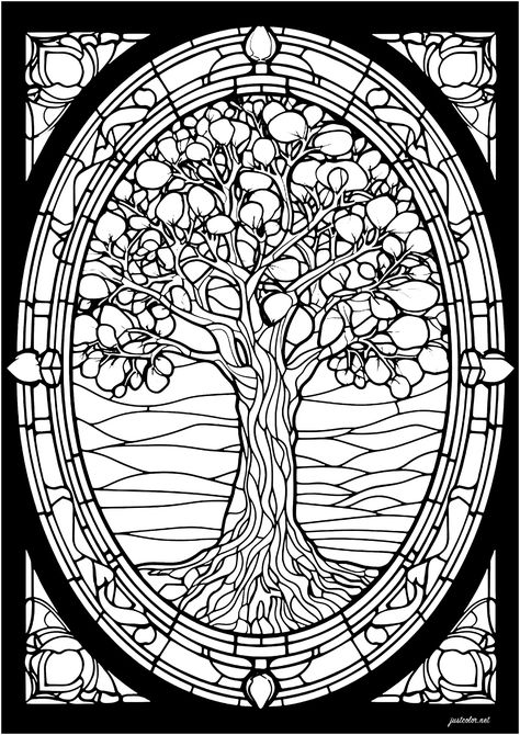 Stained glass tree. A majestic tree with intricate patterns to color Stained Glass Coloring Pages, Window Stained, Stained Glass Patterns Free, Pretty Trees, Rainbow Canvas, Tree Coloring Page, Pattern Coloring Pages, Stained Glass Window Panel, Free Adult Coloring Pages