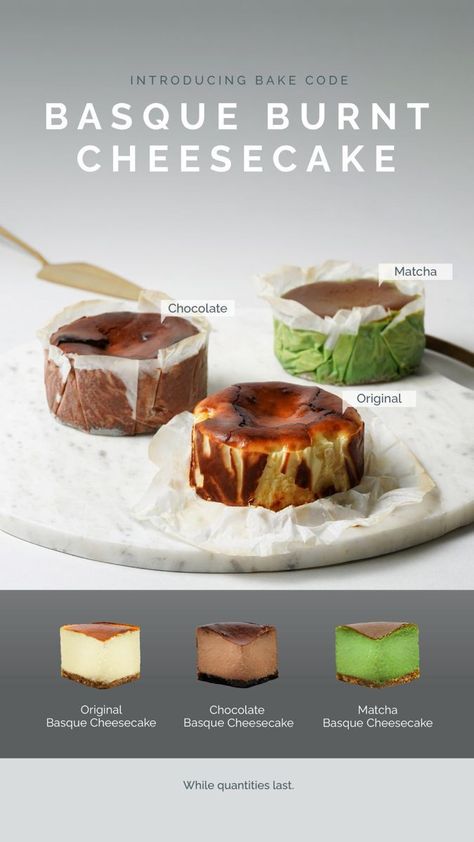 Chocolate Burnt Cheesecake, Matcha Basque Burnt Cheesecake, Burn Basque Cheesecake, Basque Cheesecake Packaging, Matcha Basque Cheesecake, Chocolate Basque Cheesecake, Cheesecake Design Ideas, Burn Cheesecake, Cheesecake Flavours