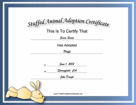 This free, printable, stuffed animal adoption certificate is great for rabbit lovers. It has a picture of a toy bunny and a bright blue border. Free to download and print Stuffed Animal Adoption Certificate, Stuffed Animal Adoption, Animal Adoption Certificate, Adoption Certificate Template, Pet Adoption Certificate, Blank Certificate Template, Free Printable Certificates, Tooth Fairy Certificate, Birth Certificate Template