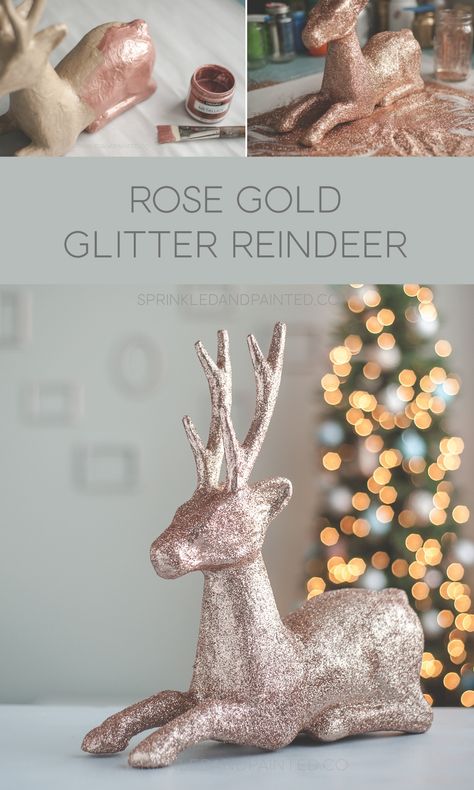 Pink And Rose Gold Christmas Decor, Rose Gold Christmas Decorations Diy, Diy Reindeer Decorations, Diy Pink Christmas Decorations, Rose Gold Christmas Table, Rose Gold Christmas Decor, Rose Gold Ornaments, Resin Animals, Blush Christmas