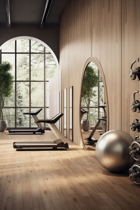 Step into serenity: A minimalist mirror gym room designed for focused fitness. Inspired by Swiss simplicity, the wood accents harmonize with the crisp clarity of Equinox aesthetics.  #MinimalistDesign #SwissStyle #EquinoxInspired #GymDecor #ModernInteriors #FitnessSpaces #CrispDesign #WoodAccents #InteriorGoals" Hotel Fitness Interior, Equinox Gym Aesthetic, Minimalist Fitness, Big Round Mirror, Fitness Rooms, Equinox Gym, Minimalist Mirror, Fitness Center Design, Organic Interior