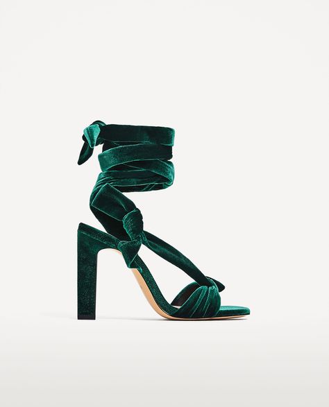 VELVET LACE-UP HIGH HEEL SANDALS Plain White Sneakers, Lace Espadrilles, Zara Heels, Lace Up High Heels, Sparkly Heels, Green Heels, Velvet Heels, Chinese Laundry Shoes, Occasion Shoes