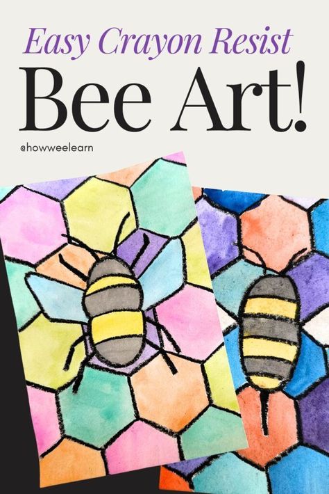 Beautiful bee art! This easy craft for kids is perfect for summertime and uses a simple crayon resist technique. See how naturally math and art fit together with this cool art project for kids! May Art Projects For Elementary, Art For Grade 1 Ideas, Summer Art Ideas For Kids Classroom, Art Ideas Primary School, Bee Art For Kindergarten, Easy Insect Craft, Art With Watercolor Easy, Bee Arts And Crafts For Kids, 3rd Grade Art Activities