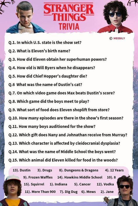 50+ Stranger Things Trivia Questions & Answers - Meebily Stranger Things Games Ideas, Stranger Things Worksheet, Stranger Things Birthday Games, Stranger Things Games For Party, Stranger Things Classroom Ideas, Stranger Things Sleepover Ideas, Stranger Things Facts, Stranger Things Sleepover, Stranger Things Bday