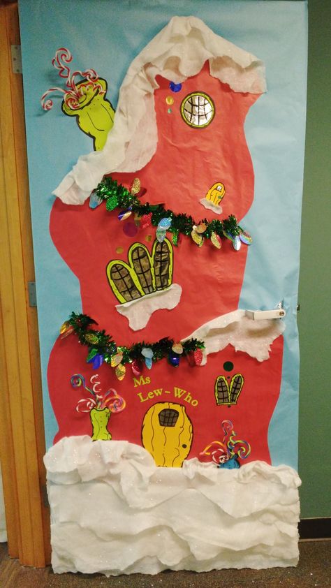 Whoville Office Door Decorating Ideas, Grinch Door Decorations Classroom Whoville, Grinch Theme Classroom Door, Welcome To Whoville Door Decoration, Whoville Houses Diy Decorating Ideas, Grinch Theme School Hallway, Whoville Classroom Door Decorations, Grinch Teacher Door, Whoville Christmas Decorations School