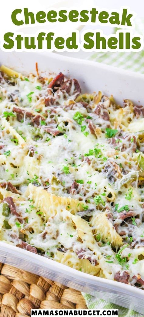 Cheese Steak Stuffed Shells, Steak Stuffed Shells, Philly Cream Cheese Recipes, Stuffed Shells Easy, Cheesesteak Stuffed Shells, Soft Vegetables, Best Philly Cheesesteak, Jumbo Shells, Shells Stuffed