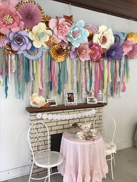 Tea Party Photo Booth Backdrops, Tea Party Photo Booth Ideas, Tea Party Photo Backdrop Ideas, Tea Party Backdrop Ideas, Tea Party Photo Backdrop, Tea Party Photo Booth, Fabric Strip Banner, Tea Party Bridal Shower Decorations, Tea Party Banner