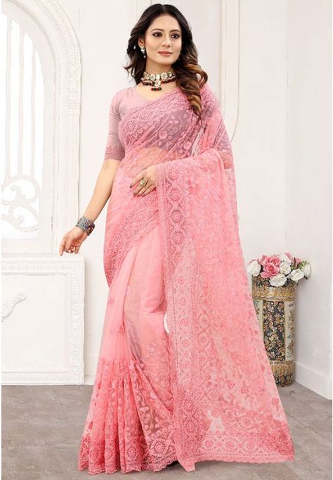 Rose Pink Resham Embroidered Net Saree Pink Net Saree, Wedding Sarees Online, Saree Ideas, Peach Saree, Net Blouses, Peach Blouse, Ghagra Choli, Utsav Fashion, Satin Saree