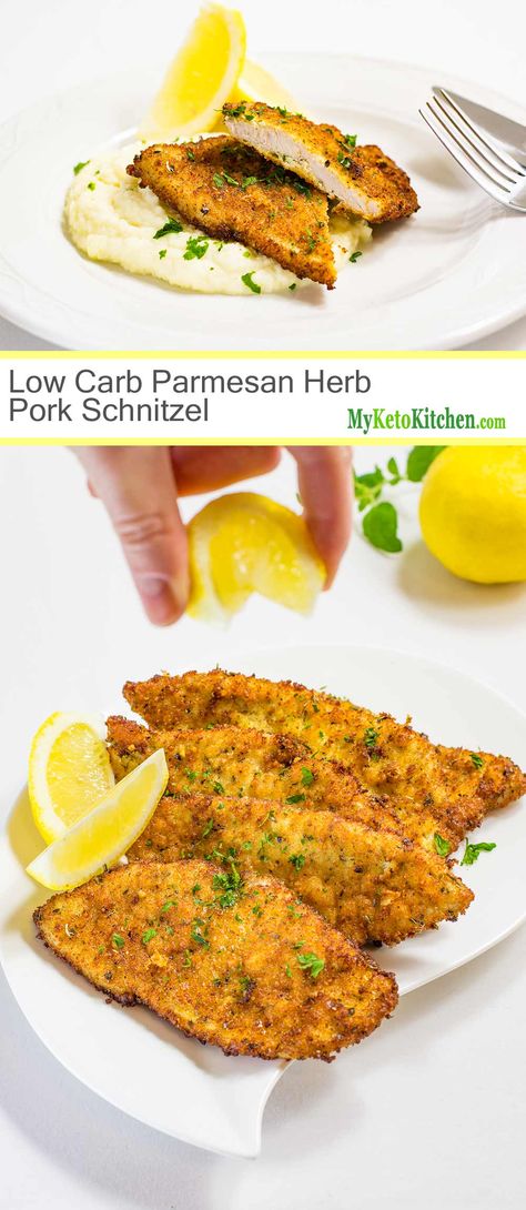 Low Carb Parmesan Herb Pork Schnitzel (Gluten Free, Ketogenic) Schnitzel Recipes, Low Carb Pork, Pork Schnitzel, Low Carb Low Fat Recipes, Pork Fillet, Boiled Egg Diet Plan, Low Carb Diet Recipes, Healthy Low Carb Recipes, Low Carb Dinner Recipes