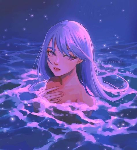 Blue Hair Girl Art, Moonlight Drawing, Water Anime, How To Draw Water, Water Girl, Nejire Hadou, Anime Summer, Desen Realist, Water Brush