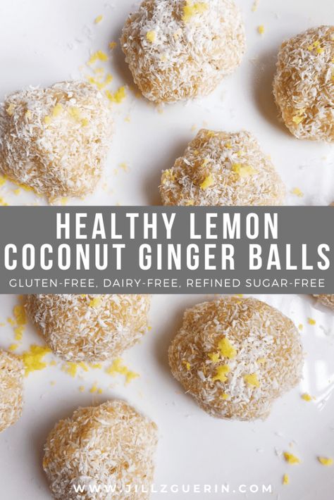 Healthy Lemon Coconut Ginger Balls! No-bake vegan treats bursting with refreshing flavor. SO EASY to make. Perfect for an afternoon snack or an after dinner treat! #healthydesserts #nobakedesserts #easysnackrecipes #healthysnack #veganrecipe | www.jillzguerin.com Lemon Ginger Energy Balls, Ginger Balls, Inflammation Diet Recipes, Coconut Snacks, Snack Balls, Coconut Ginger, Inflammation Diet, Lemon Coconut, Energy Snacks