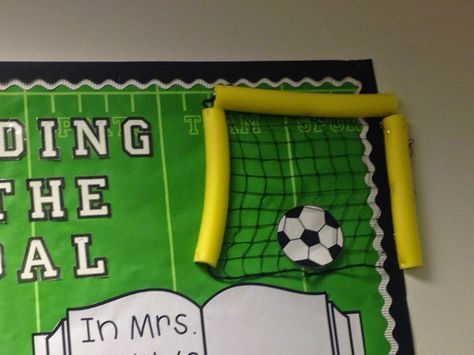 Diary of a Not So Wimpy Teacher: My Classroom Soccer Bulletin Board, Sports Bulletin Boards, School Sports Theme, Sports Theme Classroom, Sports Classroom, Soccer Theme, Teacher Doors, Classroom Transformation, Class Theme