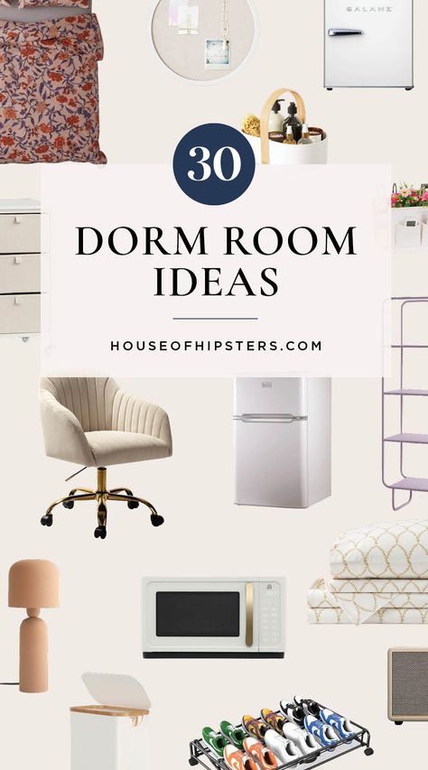 Dorm room design ideas and dorm room essentials you must have during your college years living in the residency halls. Dorm Room Ideas Aesthetic, Vintage House Interior, College Furniture, Small Space Decorating, Cozy Neutral Living Room, Hipster Home Decor, Tips For College, Dorm Inspo, Dorm Room Designs