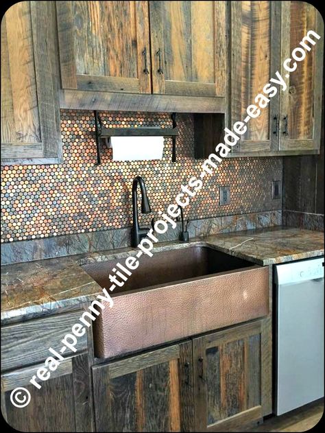 Copper Backsplash Kitchen Rustic, Penny Floor Kitchen, Metal Kitchen Countertops, Penny Backsplash Kitchen, Tile Kitchen Countertops, Matching Cabinets, Penny Decor, Penny Floor Designs, Tin Backsplash Kitchen