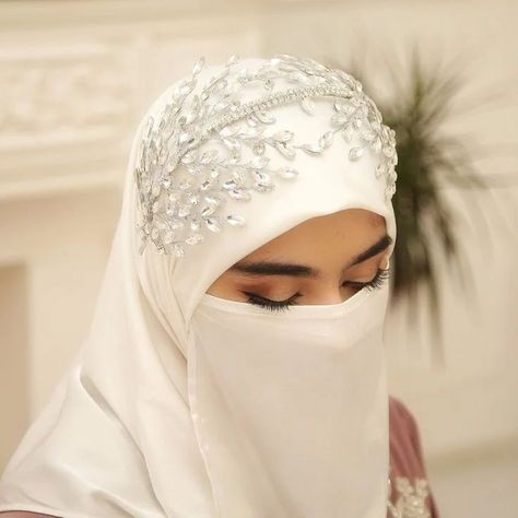 Hijab headpiece also available upon order. DM us to book your orders. 03080886977. #hijabi #hijab #hijabilook #muslimabride #hijabibride #hijabpin Silver Wedding Headpiece, White Silver Wedding, Crystal Bridal Headband, Hijabi Brides, Wedding Tiara, Bridal Headband, Wedding Headpiece, Cheap Wedding, Bridal Headpieces