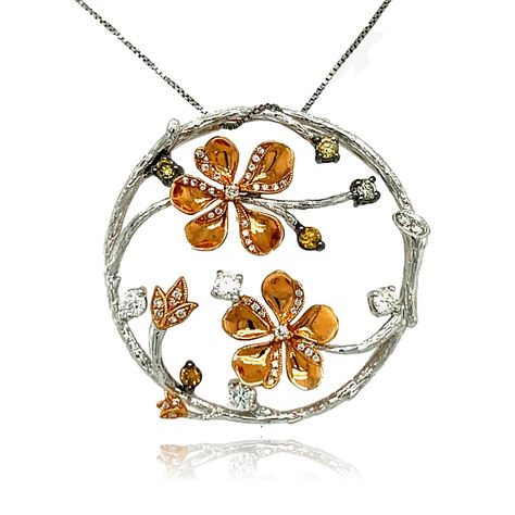 This elegant Floral pendant has fancy colored diamonds set in 18K White and Rose Gold. Gold Chain is included. Pendant is brand new with detailed tags attached. This pendant comes in a beautiful box ready for the perfect gift.  18kt gold: 6.50 gms Fancy Diamonds: 5 round, 0.23 cts White Diamonds: 51 brilliant cut round, 0.42 cts Retail Value: $3.950 Free shipping! Usually ships within 1-2 business days! Fancy Diamond Pendant, Egyptian Inspired Jewelry, Temple Jewellery Earrings, Diamond Flower Pendant, Jewellery Design Sketches, Yellow Gemstones, Floral Pendant, Jewellery Earrings, Fancy Diamonds