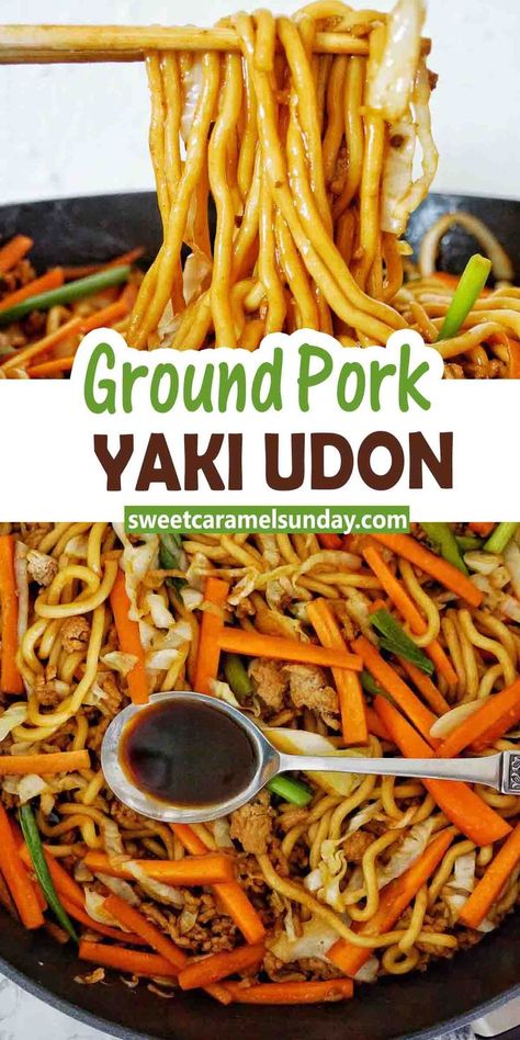 Ground Pork Yaki Udon is an easy Japanese stir fried udon noodle recipe. Stir fried udon noodles with a simple 6 ingredient yaki udon noodle sauce which you can make at home from the comfort of your kitchen! They take less than 20 minutes to cook! @sweetcaramelsunday Udon Noodle Sauce, Pork Udon, Udon Noodle Recipe, Chow Fun Recipe, Noodle Sauce, Easy Asian Noodles, Udon Noodles Recipe, Fried Udon, Udon Recipe