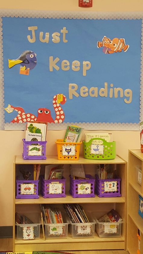 Daycare Library Center Ideas, Beach Themed Reading Corner, Ocean Theme Reading Corner, Disney Preschool Classroom Decor, Disney Prek Classroom, Disney Classroom Theme Preschool Ideas, Disney Kindergarten Classroom, Pixar Themed Classroom, Disney Reading Corner