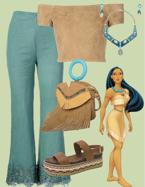 Disney Princess Everyday Outfits, Disney Bounding Pocahontas, Modern Day Pocahontas Outfits, Pocahontas Dress Inspired Outfits, Pocahontas Aesthetic Outfit, Pocahontas Modern Outfit, Shein Disney Outfit, Disney Princess Casual Outfits, Pocahontas Inspired Outfits