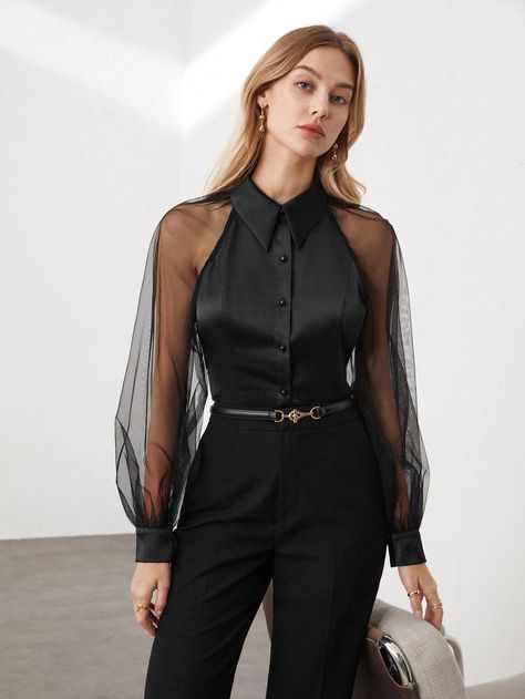 Black Elegant Collar Long Sleeve Woven Fabric Plain Shirt Embellished Slight Stretch  Women Clothing Mesh Shirts, Women Fashion Ideas, Mesh Shirt, Shirts Women Fashion, Plain Shirt, Women Blouses, Shirts Women, Womens Long Sleeve Shirts, Plain Shirts