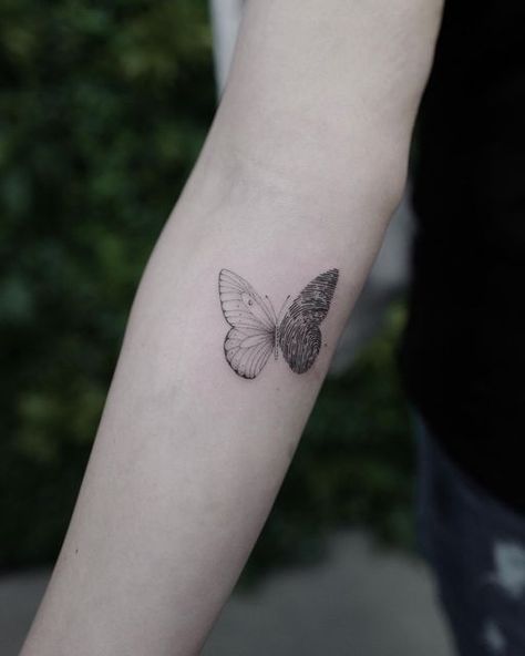 Fingerprint Love Heart Tattoo, Thumb Print Flower Tattoo, Butterfly Tattoo Fingerprint, Thumb Print Tattoos Memorial, Finger Print Tattoo Ideas Family Trees, Butterfly With Fingerprints Tattoo, Thumb Print Butterfly Tattoo, Finger Print Tattoos For Women, Parents Finger Print Tattoo Ideas