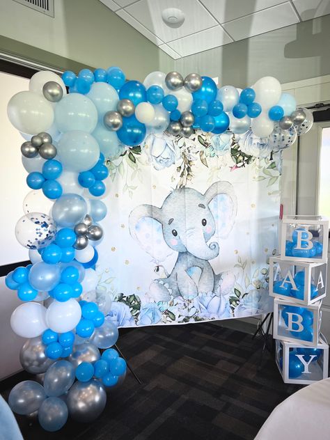 Elephant baby boy baby shower balloon garland Baby Boy Elephant Shower Ideas, Elephant Balloon Arch, Blue Elephant Baby Shower Ideas, Baby Boy Baby Shower Ideas Theme, Baby Elephant Baby Shower Ideas, Elephant Themed Baby Shower Ideas, Baby Shower Elephant Theme Boy, Baby Showers For Boys, Baby Shower Boy Theme