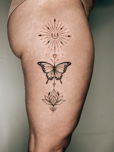 My lovely tattoo with different meanings! #leg #tattoo #women #butterfly #moon #libra #heart #lotus #unalome #sun Monarch Butterfly Moon Tattoo, Butterfly Libra Tattoo, Butterfly Lotus Flower Tattoo, Unalome Butterfly Tattoo, Lotus Flower Butterfly Tattoo, Spiritual Butterfly Tattoo, Lotus Leg Tattoo, Butterfly Sun Tattoo, Lotus Flower And Butterfly Tattoo