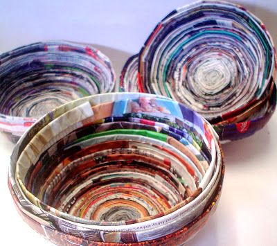 Recycled Magazine Bowls | Lessons from the K-12 Art Room Magazine Bowl, Barbie Products, Art Club Projects, 3d Art Projects, High School Art Projects, Recycled Magazine, Jewelry Basket, Recycled Magazines, Middle School Art Projects