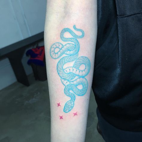 Blue Snake Tattoo, Blue Ink Tattoos, Inner Forearm Tattoo, Stylish Tattoo, Blue Snake, Blue Tattoo, Sunflower Tattoos, Spine Tattoos, Snake Tattoo