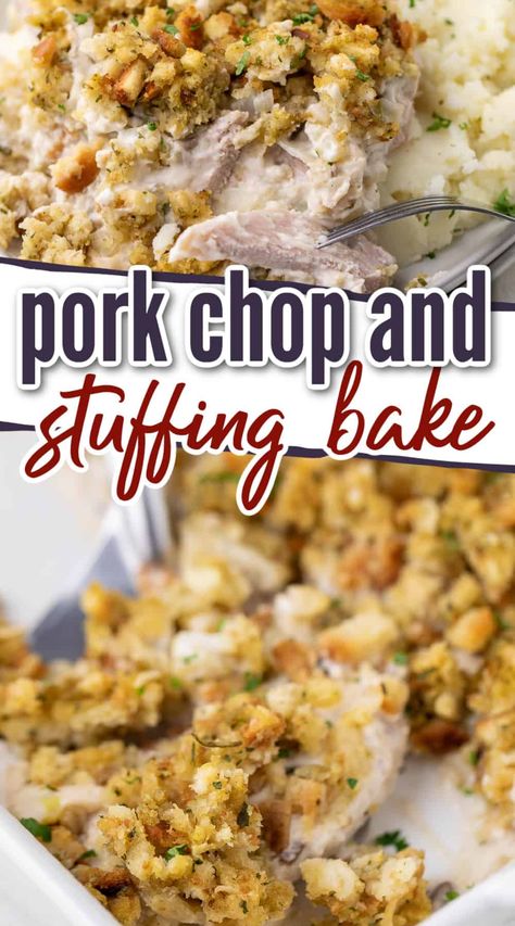 Our Pork Chop and Stuffing Bake is a quick, savory, and satisfying dish that you can whip up in under an hour. A perfect blend of juicy pork chops, boxed stuffing mix, and cream of mushroom soup for a weeknight comfort meal the whole family will love. Boneless Pork Chop Recipes | Meat Recipes | Pork Chop Recipes for Dinner | Pork Meals | Pork Chop Stuffing, Boxed Stuffing, Baked Stuffed Pork Chops, Stuffing Bake, Oven Pork Chops, Pork Chop Casserole, Dinner Pork, Pork Meals, Boneless Pork Chop Recipes