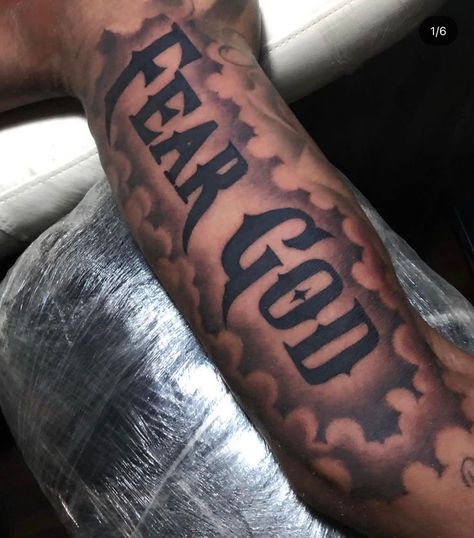 Fear God Tattoo Men Bicep, Inner Bicep Tattoo Men Ideas, Sky Is The Limit Tattoo, Inside Arm Tattoo Men, Bicep Tattoo For Guys Inner, Inner Bicep Tattoo Men, Inside Bicep Tattoo Mens, Forearm Word Tattoo, Calf Sleeve Tattoo