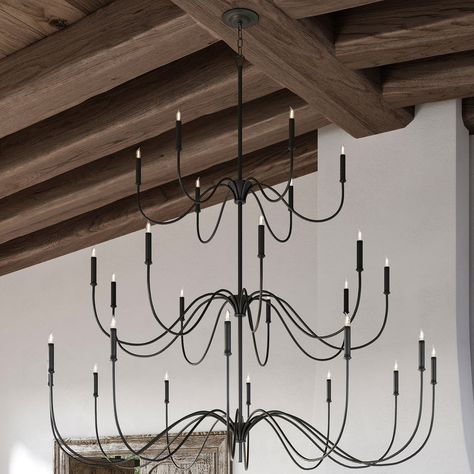 Simple, yet elegant, the Tirrell Chandelier from Currey & Company elevates your home with its subtle grace and charm. Its classic design features a central hub with six arms that beautifully arc upward, displaying candelabra-style bulbs. Opt for the double tier version for an even more dynamic design. The even and thoughtful illumination creates an inviting ambiance in any space. Highlights Height-adjustable to suit your space Dimmable to set the mood in any space Available in Antique Black finish in three combinations Currey & Company Tirrell Chandelier in Black Large Black Light Fixture, Grand Entry Chandelier, Large Black Chandelier High Ceilings, Extra Large Chandelier, Great Room Chandelier Vaulted Ceiling, Entry Way Chandelier Ideas, Tall Foyer Lighting, Vaulted Ceiling Chandelier, Large Entryway Chandelier