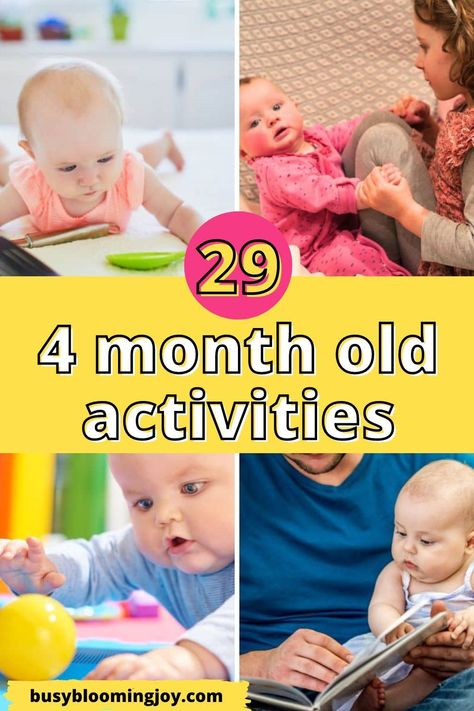 Baby turned 4 months old? Try these fun baby learning activities to encourage development. 29 easy 4 month old activities - baby sensory play ideas, tummy time, Montessori & physical activities. Daily infant activities to improve gross & fine motor skills, language, cognitive skills & communication. Simple DIY sensory play ideas & baby activities for 4 month old using baby toys & other objects at home. Montessori & sensory activities too. Baby life hacks for first-time moms on baby sensory play Activities 4 Month Old, 3 Month Old Activities, 6 Month Baby Activities, Three Month Old Baby, Sensory Play Ideas, 5 Month Old Baby, 7 Month Old Baby, 4 Month Old Baby, 4 Month Baby