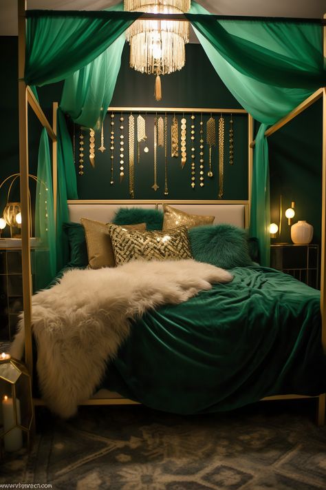 this Vibrant Modern Boho Bedroom is lit by emerald green LED strip lighting tucked behind the headboard. The walls are a muted sage (#9DC183), and the room features a four-poster bed, gold accents, and a patterned rug. Emerald Green Rooms, Emerald Bedroom, Street Room, Emerald Green Bedrooms, Baddie Bedroom, Baddie Bedroom Ideas, Beautiful Bed Designs, Baddie Room, Baddie Apartment Ideas