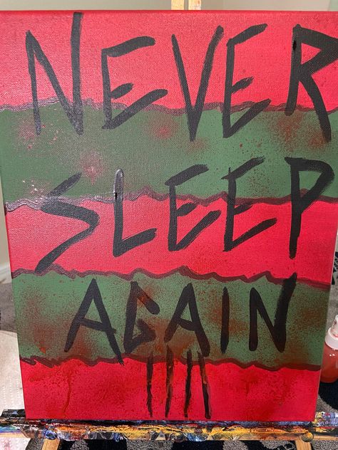 You'll never sleep again with this painting hanging in your room. Celebrating one of my favorite Horror Movie villians Mr. Krueger himself! This stretched canvas is 11 x 14 and would be a great addition for any horror lover and especially those who love a good nightmare! You can check out the making of video here: https://youtu.be/tVZr53qQwE4 Posters To Paint For Your Room, Horror Movie Canvas Art, Drawing Ideas Horror Movie, Horror Movie Wall Art, Painting Ideas On A Wall, Halloween Painting Ideas On Canvas Easy Scary, Grave Yard Painting, Scream Painting Ideas Easy, Scary Canvas Painting Ideas