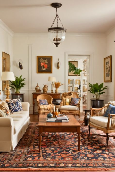 25 Colonial Living Room Inspirations That Will Make Your Home Stand Out – The Crafty Hacks Eclectic Global Living Room, Colonial Style Apartment, Colonial Boho Decor, Colonial Maximalism, Traditional Chic Interior Design, Colonial Revival Living Room, Classic Home Interiors Living Rooms, Vintage Colorful Living Room, Cozy Colonial Living Room