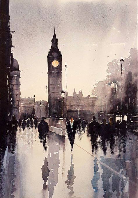 London Painting, Desen Realist, Watercolor City, Watercolor Architecture, Big Ben London, City Painting, Architecture Painting, Seni Cat Air, 수채화 그림