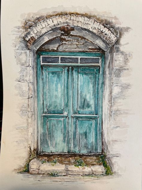 Watercolor Doorways, Watercolor Doors, Vintage French Doors, Ink Sketching, Art Pictures Ideas, Teal Door, Tuscan Art, Turquoise Door, Decoupage Printables