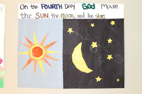 Creation Day 4 Classroom Poster. God made the sun, moon, and stars. Gods Creation Crafts, Sun Moon And Stars, Creation Crafts, School Posters, Classroom Crafts, Sun And Stars, Classroom Posters, Moon And Stars, Sun Moon